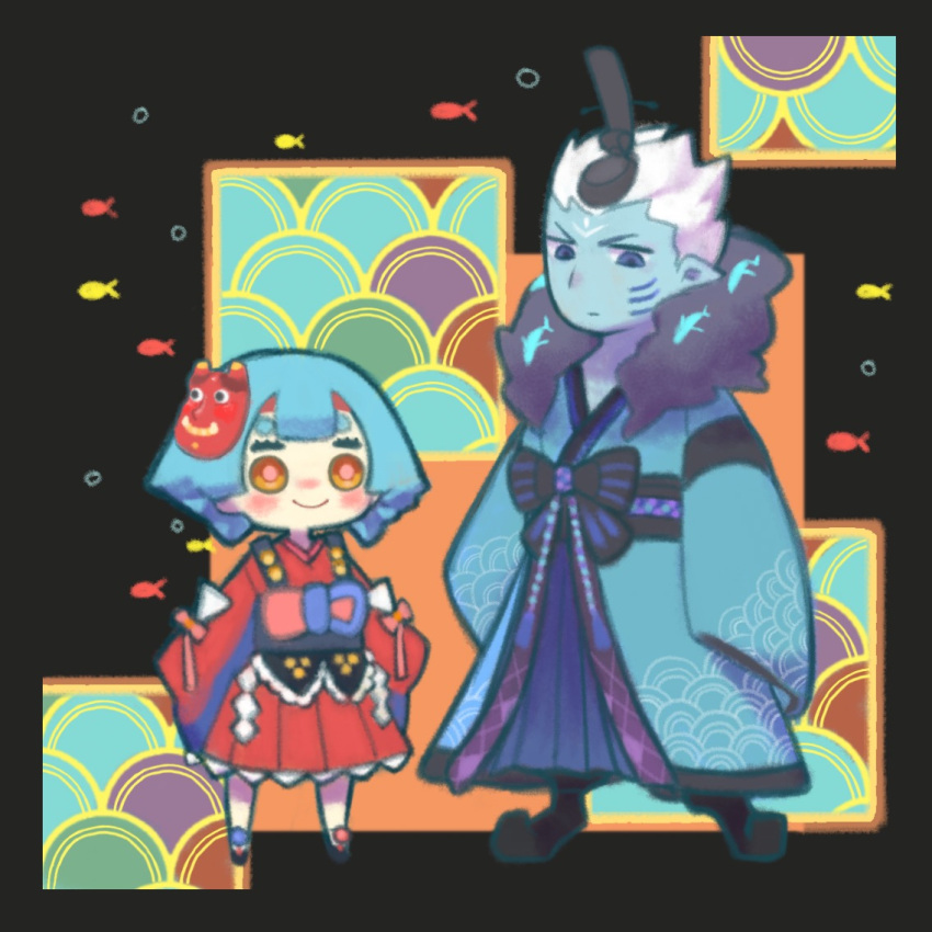 1boy, 1girl, arakawa_no_aruji_(onmyoji), black_hat, blue_hair, blue_hakama, blue_kimono, closed_mouth