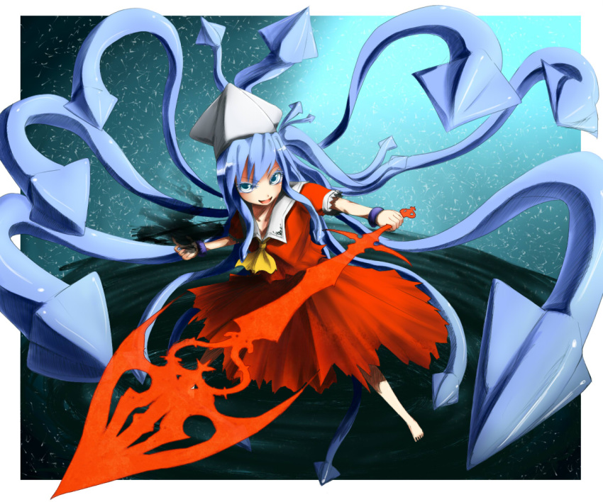 barefoot, blue_eyes, blue_hair, calpish, colored_eyelashes, cosplay, evil_smile, eyelashes