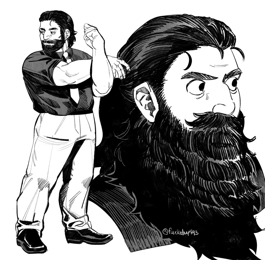 1boy, absurdres, alternate_beard_length, alternate_costume, beard, big_nose, black_hair, black_shirt