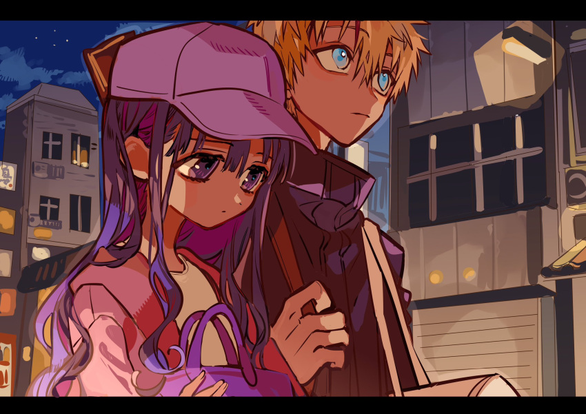 1boy, 1girl, akane_aoi, alternate_hairstyle, bag, black_jacket, blonde_hair, blue_eyes