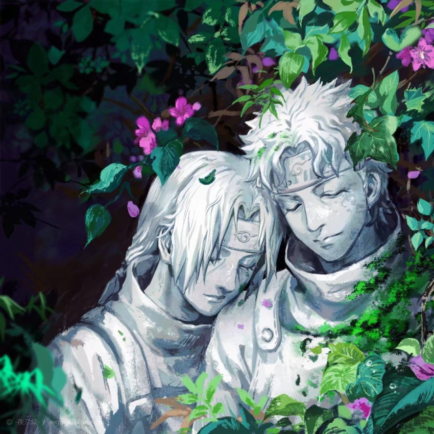 2boys, closed_eyes, eyelashes, flower, forehead_protector, head_on_another's_shoulder, high_collar, konohagakure_symbol