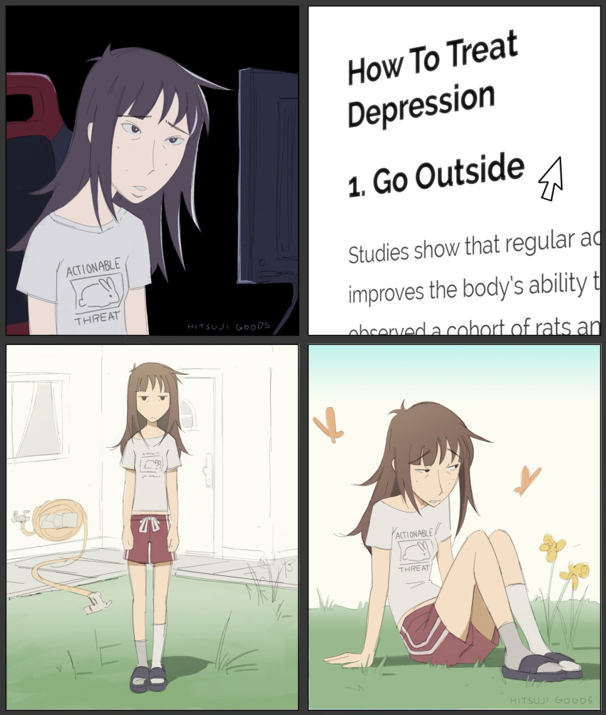 1girl, brown_eyes, brown_hair, comic, computer, computer_screen, depressed, english_text