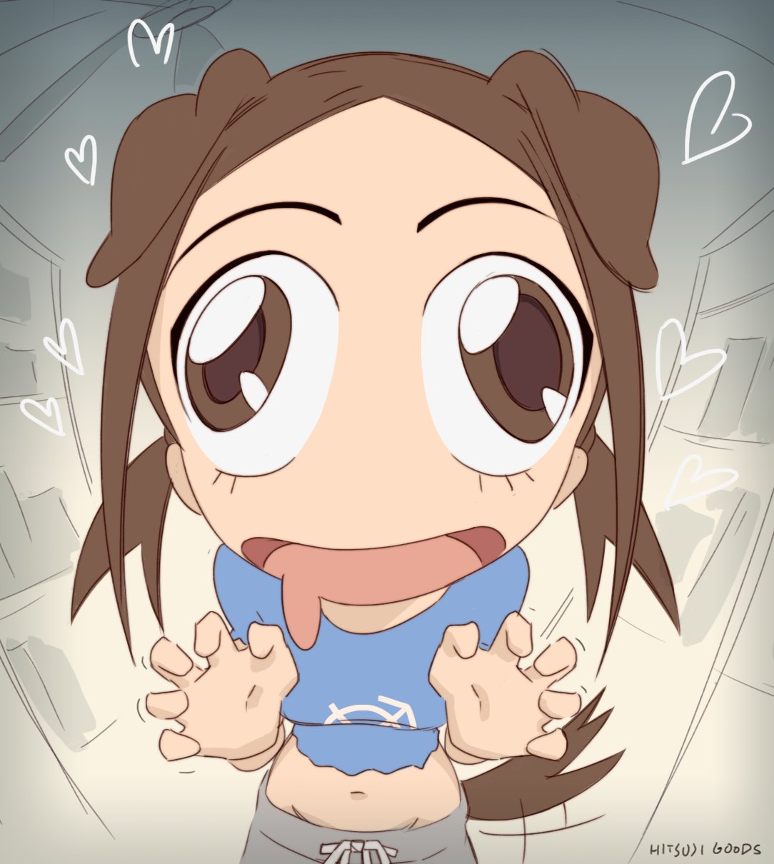 blue_shirt, brown_eyes, brown_hair, comedy, crop_top, dog_ears, dog_girl, drooling