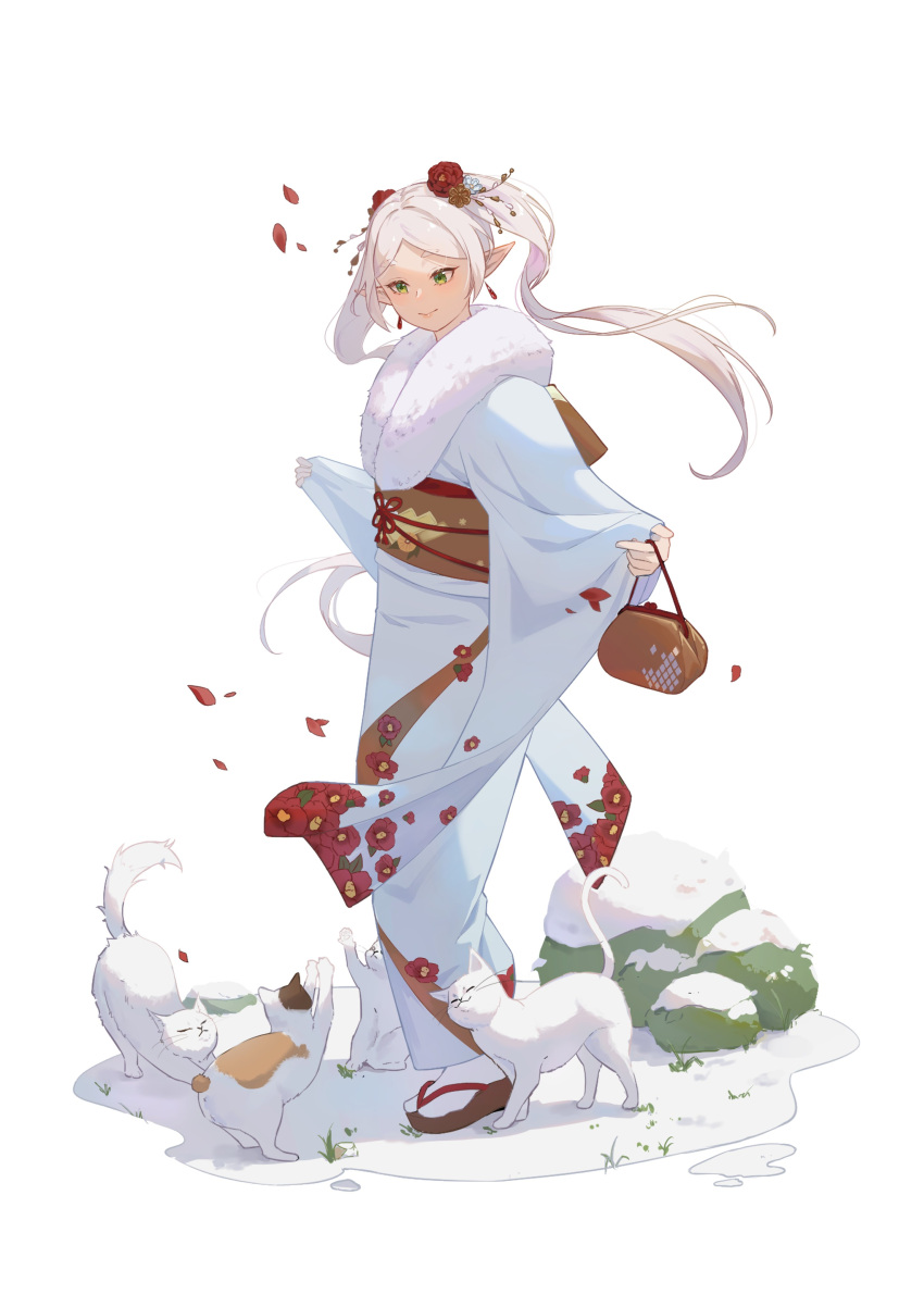 1girl, absurdres, alternate_costume, animal, bag, brown_sash, cat, earrings