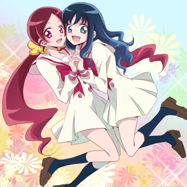 blue_eyes, blue_hair, hanasaki_tsubomi, happy, heartcatch_precure!, kurumi_erika, meguro, multiple_girls