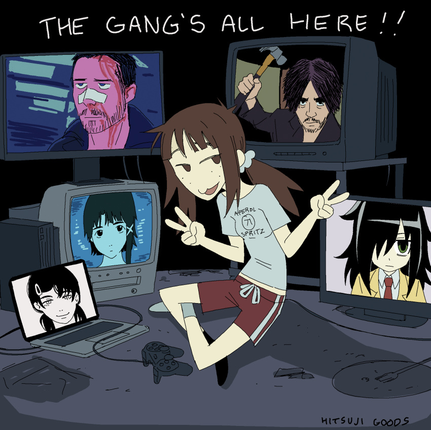 brown_eyes, brown_hair, computer, computer_screen, double_v, english_text, female, freckles