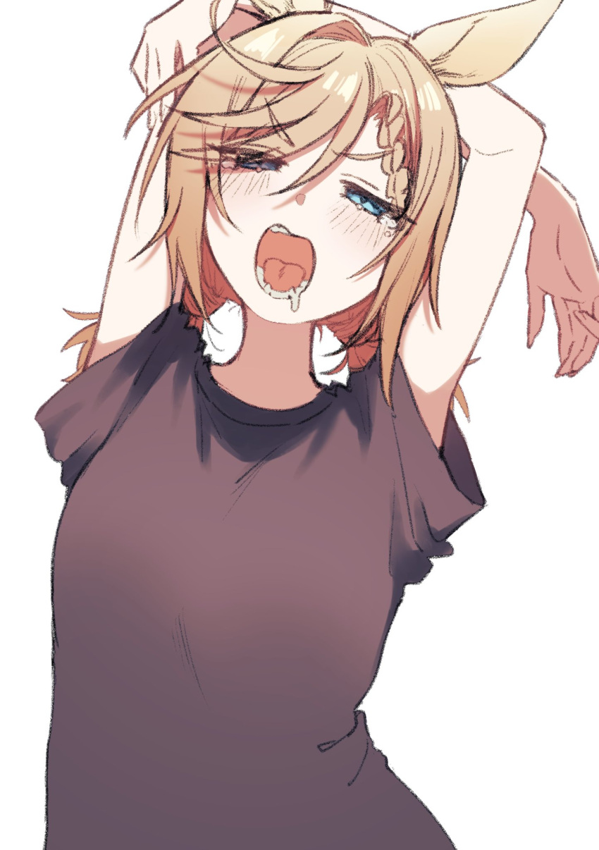 1girl, animal_ears, arms_behind_head, arms_up, black_shirt, black_t-shirt, blue_eyes, braid