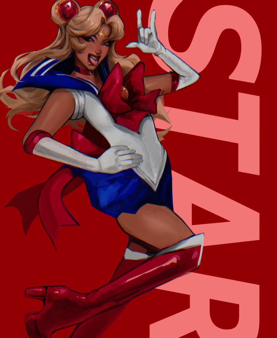 1girl, \m/, back_bow, bishoujo_senshi_sailor_moon, blonde_hair, blue_sailor_collar, blue_skirt, boots, bow, circlet, commentary, cosplay, dark-skinned_female, dark_skin, double_bun, elbow_gloves, english_commentary, english_text, gloves, hair_bun, hand_on_own_hip, knee_boots, lyrics, megan_thee_stallion, real_life, red_background, red_bow, red_footwear, sailor_collar, sailor_moon, sailor_moon_(cosplay), sailor_senshi_uniform, skirt, solo, succubxtch, tongue, tongue_out, white_gloves