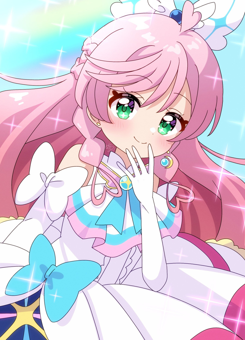 1girl, absurdres, ascot, blue_background, bow, brooch, cape, cure_prism
