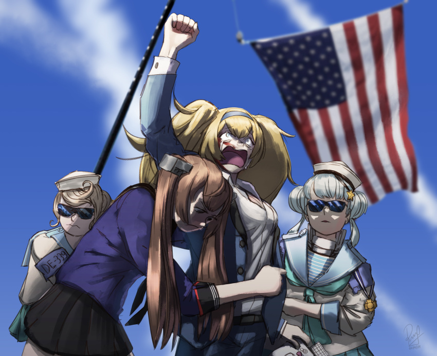 2024_assassination_attempt_of_donald_trump, 4girls, absurdres, american_flag, arm_up, gambier_bay_(kancolle), hat, highres