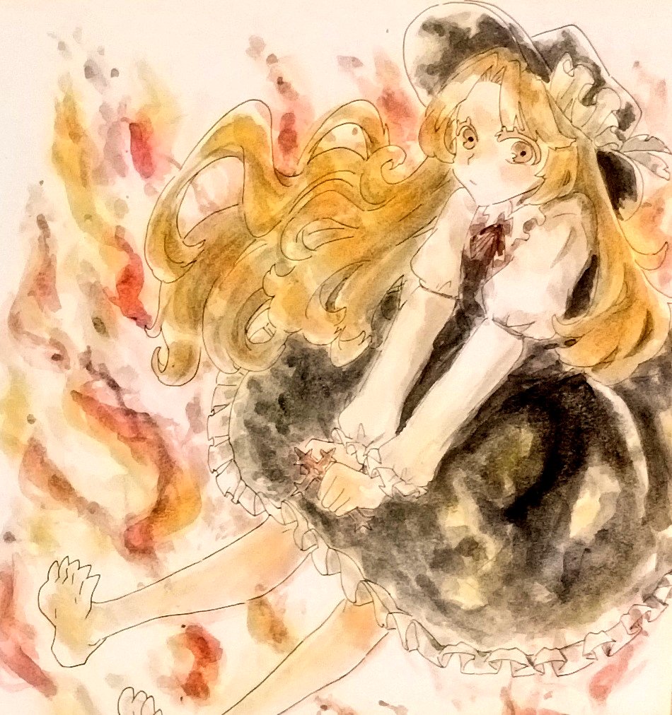 1girl, bare_legs, barefoot, black_hat, black_skirt, black_vest, blonde_hair, commentary_request