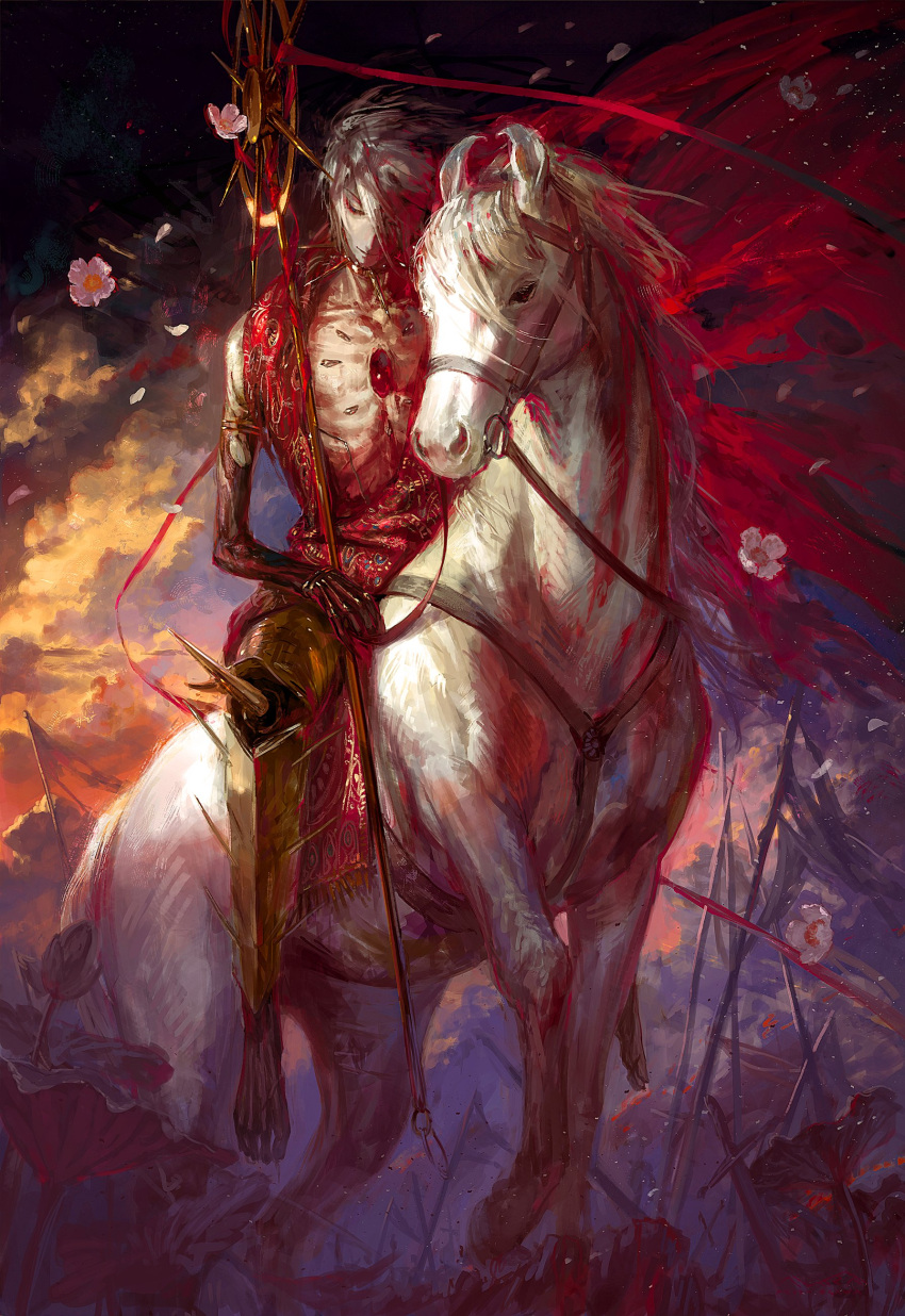 1boy, 1other, absurdres, armor, battlefield, body_jewelry, egawa_akira, fate/apocrypha