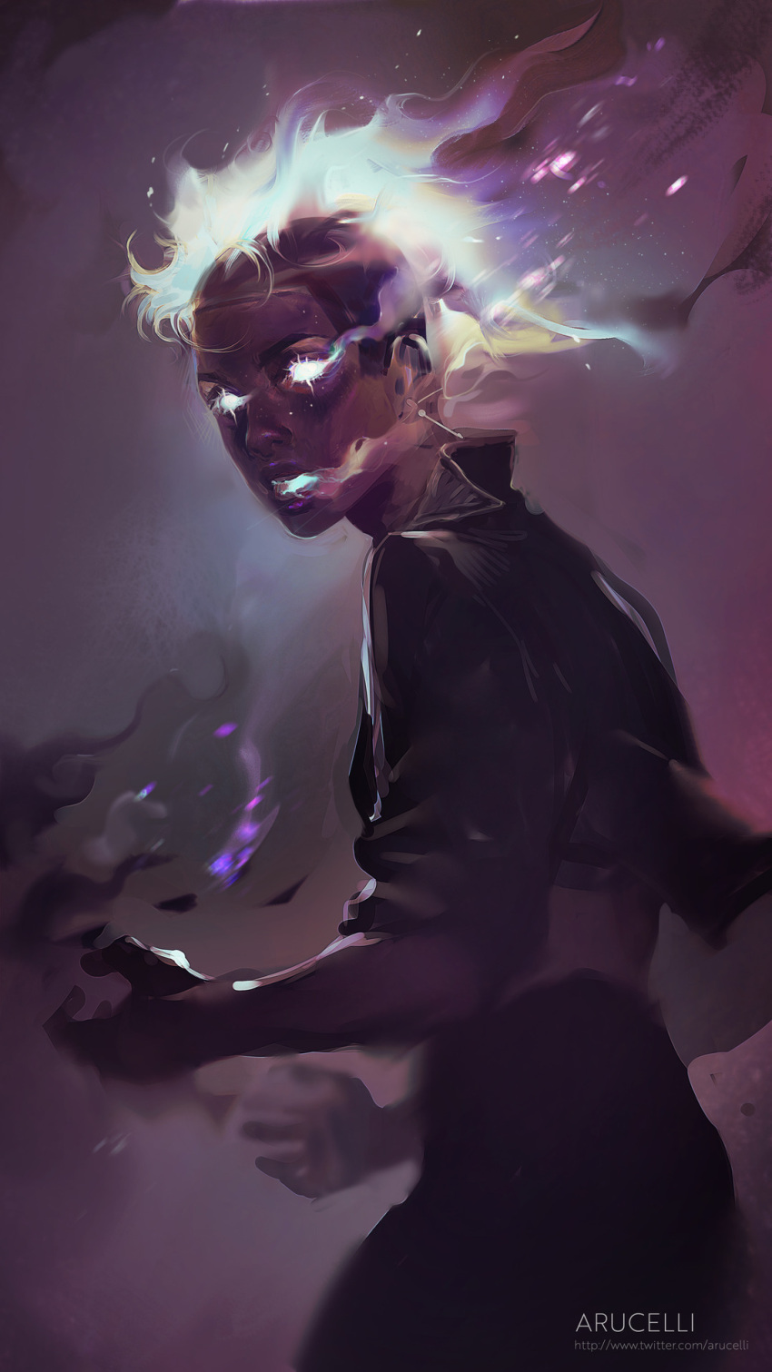 1girl, androgynous, artist_name, arucelli, black_pants, cowboy_shot, dark, dark_skin