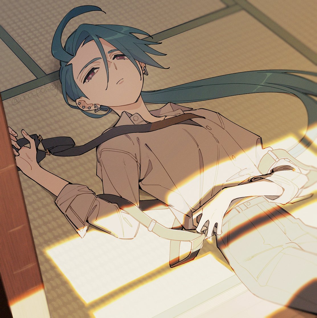 1girl, androgynous, black_necktie, brown_shirt, cowboy_shot, cro_pokey, day, ear_piercing