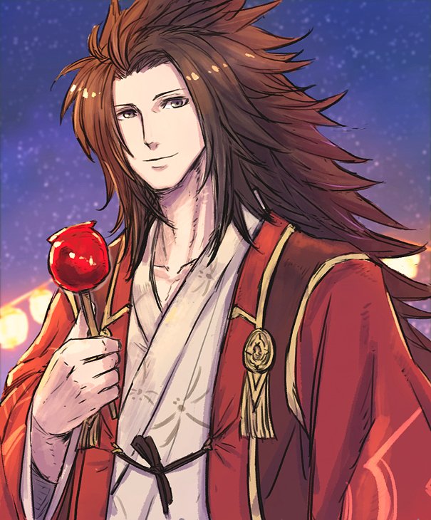 1boy, asukan, brown_hair, candy, candy_apple, festival, fire_emblem, fire_emblem_fates