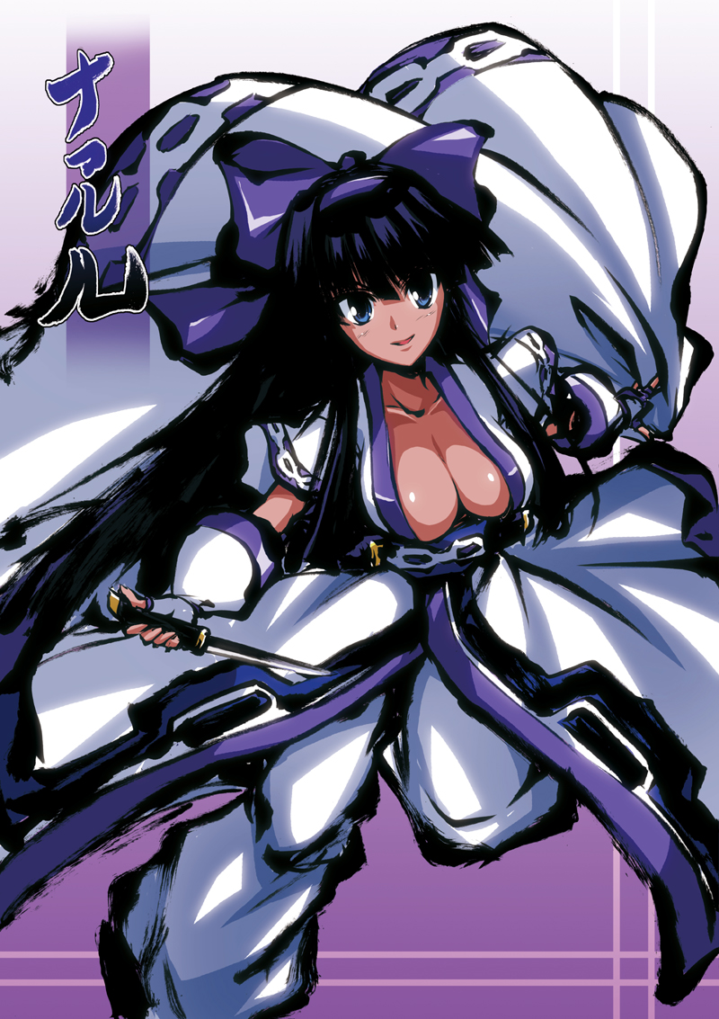 aoi_manabu, black_hair, blue, blue_eyes, bow, breasts, c.r., center_opening