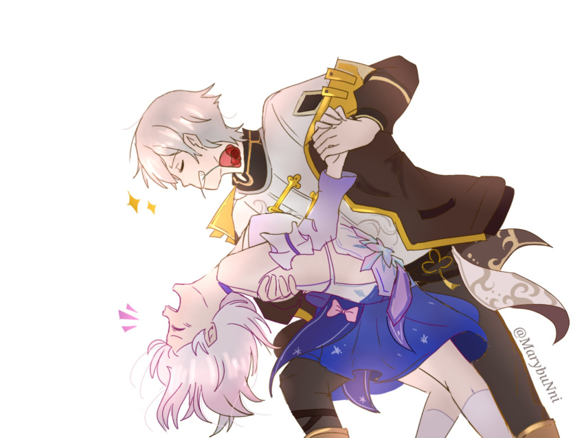 1boy, 1girl, black_jacket, caelus_(honkai:_star_rail), coat, dancing, flower, flower_in_mouth