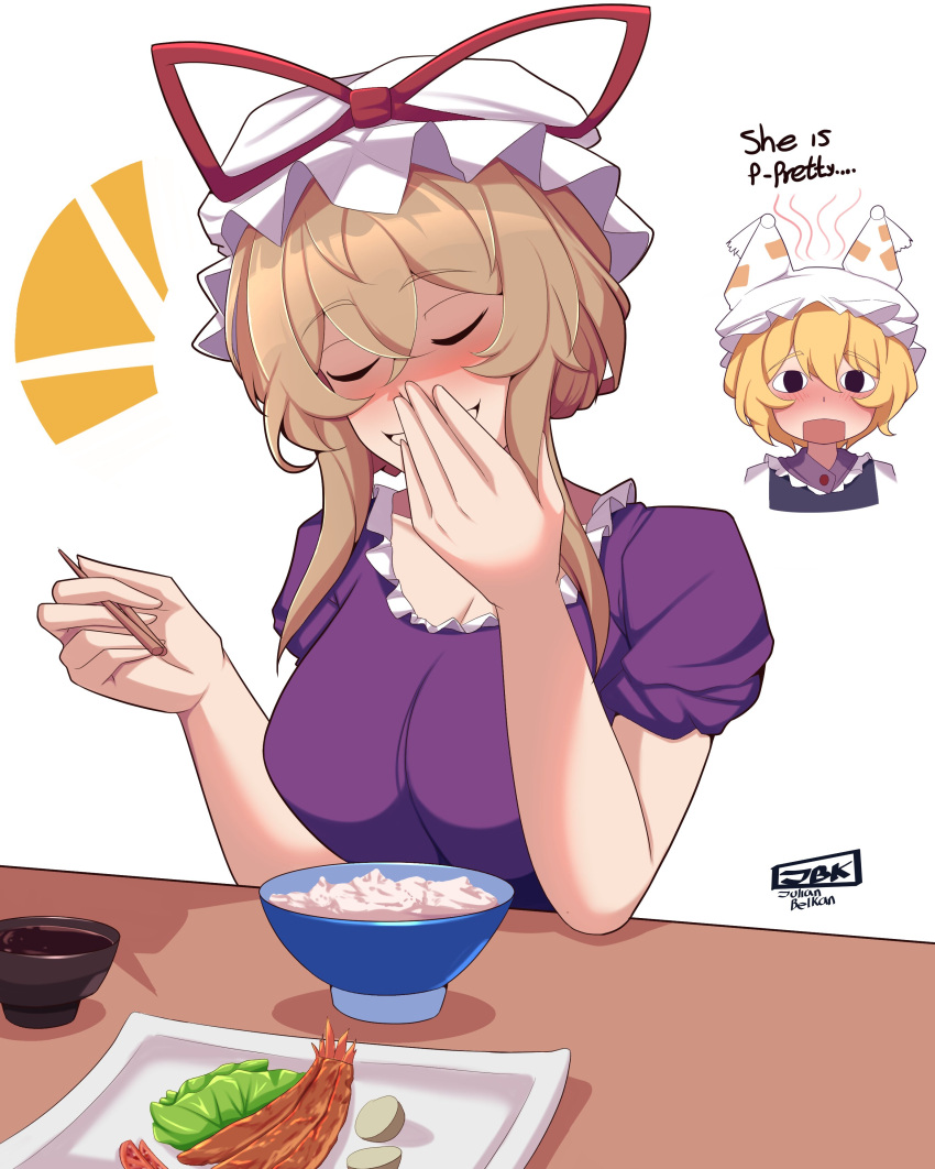2girls, absurdres, blonde_hair, blue_tabard, bowl, breasts, chopsticks, closed_eyes