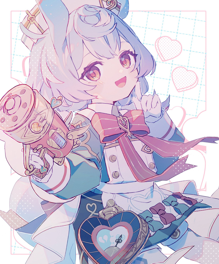 1girl, :d, anetu_u107, animal_ears, apron, aqua_bow, aqua_shirt, black_shorts