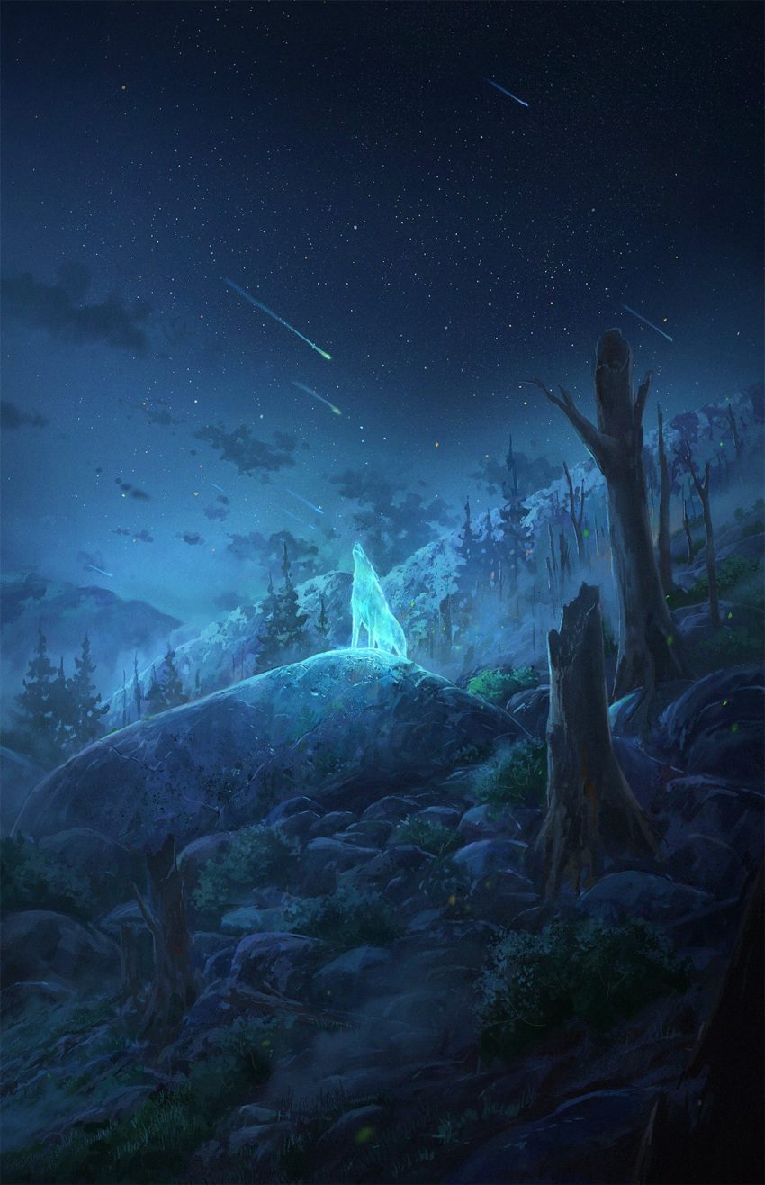 bush, clouds, cloudy_sky, commentary, cyclecircle, english_commentary, ghost, gradient_sky, highres, howling, night, no_humans, original, pine_tree, rock, scenery, shooting_star, sky, star_(sky), starry_sky, tree, tree_stump, wolf