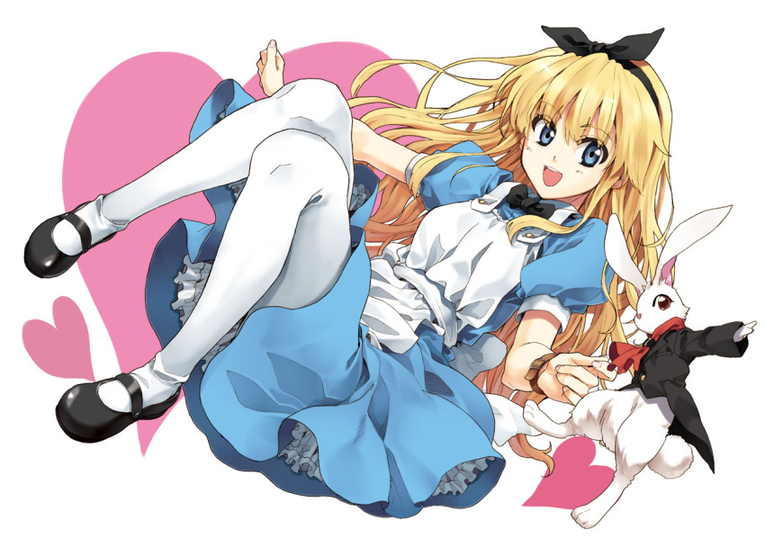 alice_(wonderland), alice_in_wonderland, apron, blonde_hair, blue_eyes, bowtie, hairband, knees_touching