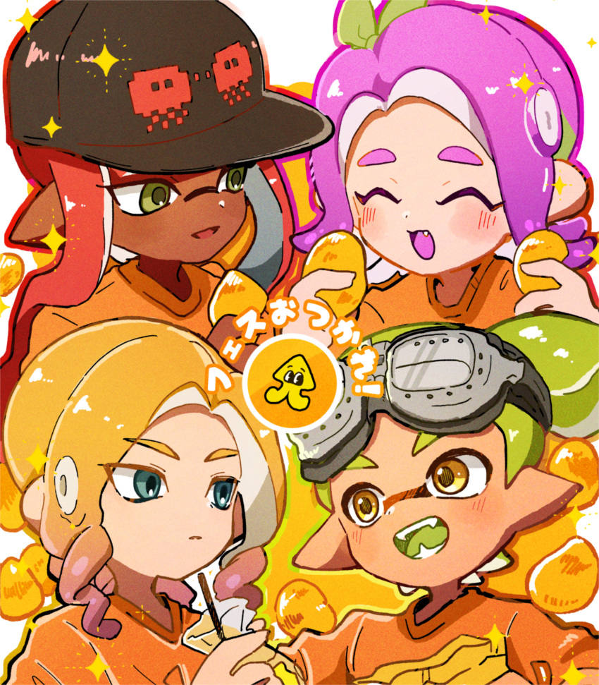 2boys, 2girls, :d, ^_^, baseball_cap, black_hat, blonde_hair, blue_eyes