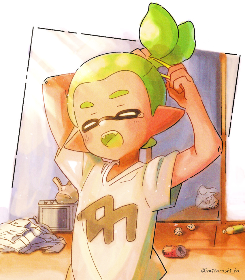 1boy, arms_up, artist_name, can, closed_eyes, commentary_request, drink_can, hair_tie