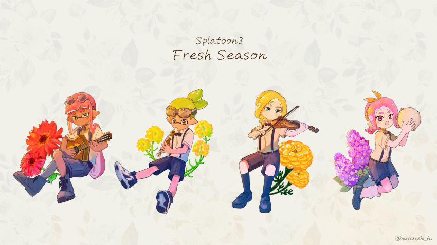 2boys, 2girls, :d, acoustic_guitar, black_bow, black_bowtie, black_shorts, blonde_hair