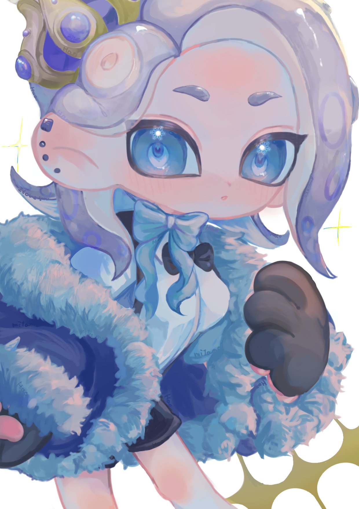 1girl, animal_hands, blue_bow, blue_bowtie, blue_coat, blue_eyes, bow, bowtie, coat, commentary_request, crown, ear_piercing, fur-trimmed_coat, fur_trim, gloves, grey_hair, highres, medium_hair, mitamo1295701, octoling, octoling_girl, octoling_player_character, paw_gloves, piercing, simple_background, solo, splatoon_(series), splatoon_3, standing, tentacle_hair, white_background