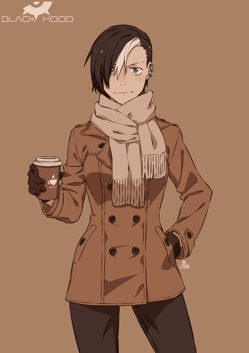 1girl, artist_logo, asymmetrical_bangs, black_gloves, black_hair, black_pants, blue_eyes, breasts, brown_background, brown_coat, buttons, closed_mouth, coat, commentary, cowboy_shot, cup, disposable_coffee_cup, disposable_cup, ear_piercing, gloves, hair_over_one_eye, hand_in_pocket, highres, holding, holding_cup, iwado_anna, kamezaemon, long_sleeves, looking_at_viewer, medium_breasts, multicolored_hair, original, pants, piercing, scarf, sepia, short_hair, simple_background, smile, solo, standing, streaked_hair, two-tone_hair, white_hair, white_scarf