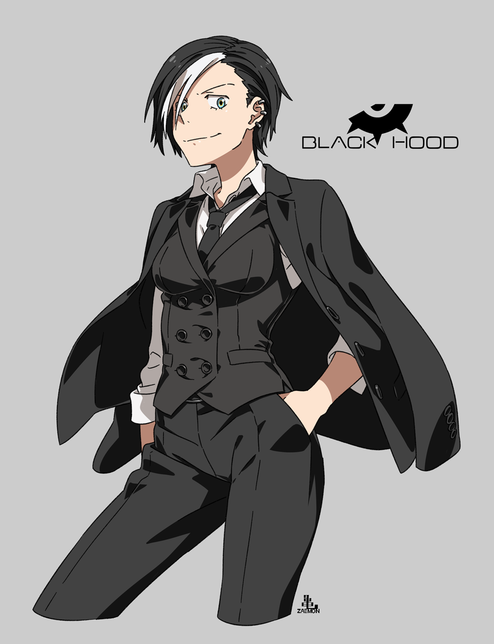 1girl, artist_logo, asymmetrical_bangs, black_hair, black_jacket, black_necktie, black_pants, black_suit