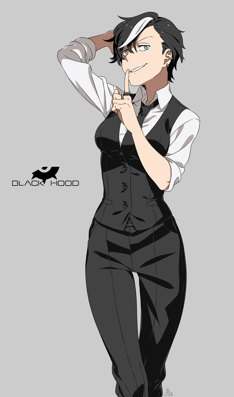 1girl, alternate_hairstyle, artist_logo, black_hair, black_necktie, black_pants, black_vest, blue_eyes