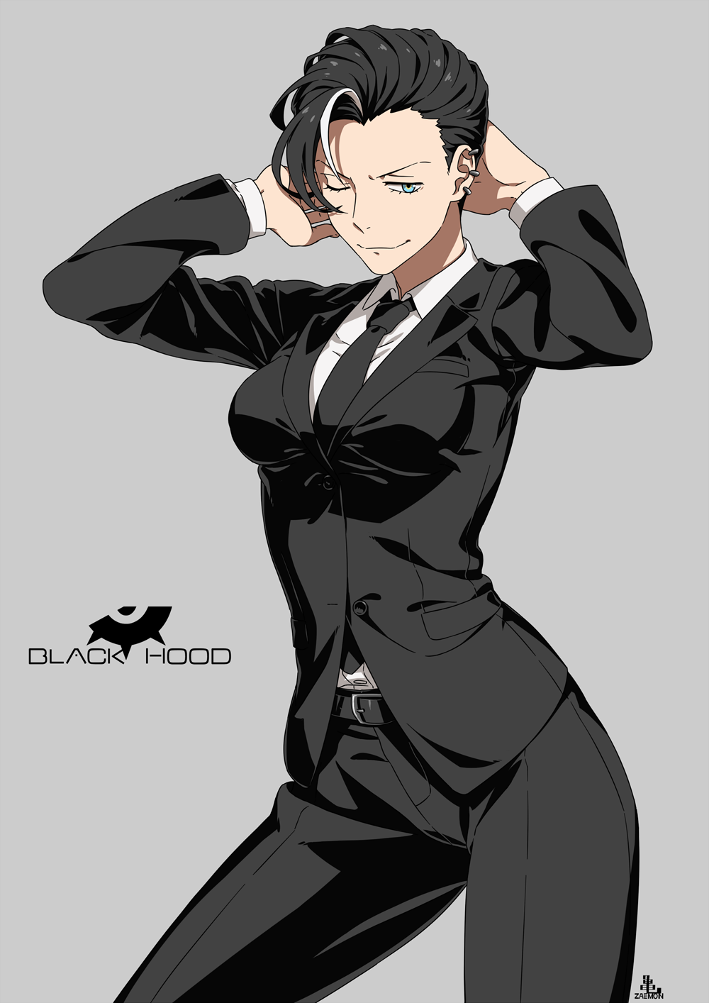 1girl, alternate_hairstyle, artist_logo, asymmetrical_bangs, belt, black_belt, black_hair, black_jacket