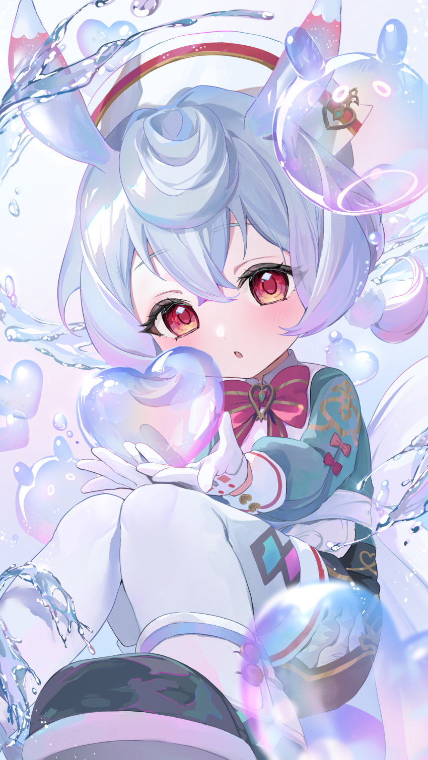 1girl, :o, animal_ears, black_footwear, blue_dress, blue_hair, blush, bow, bowtie, bubble, commentary, dress, foot_out_of_frame, genshin_impact, gloves, hair_between_eyes, hair_ornament, hat, heart_bubbles, highres, light_blue_hair, looking_at_viewer, medium_hair, menomanome, nurse_cap, pantyhose, pom_pom_(clothes), pom_pom_hair_ornament, red_bow, red_bowtie, red_eyes, sigewinne_(genshin_impact), sitting, solo, white_gloves, white_pantyhose