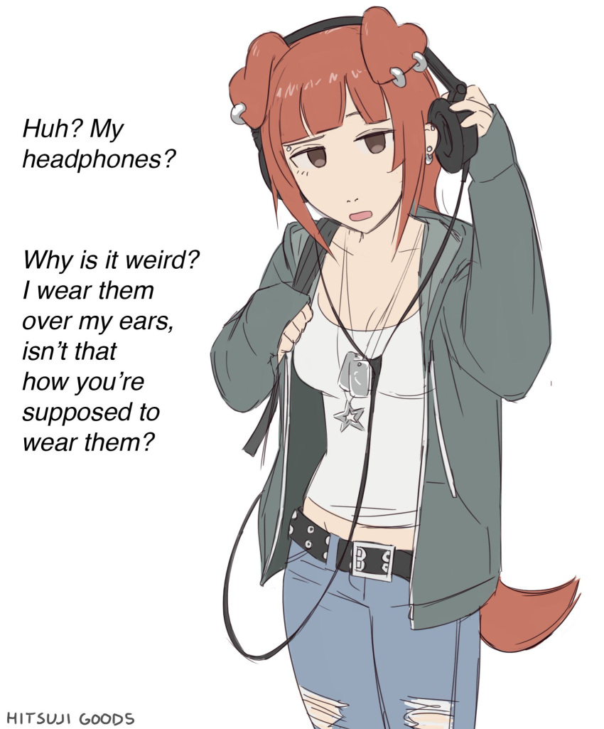1girl, bangs, belt, brown_hair, cleavage, comedy, dog_ears, dog_girl