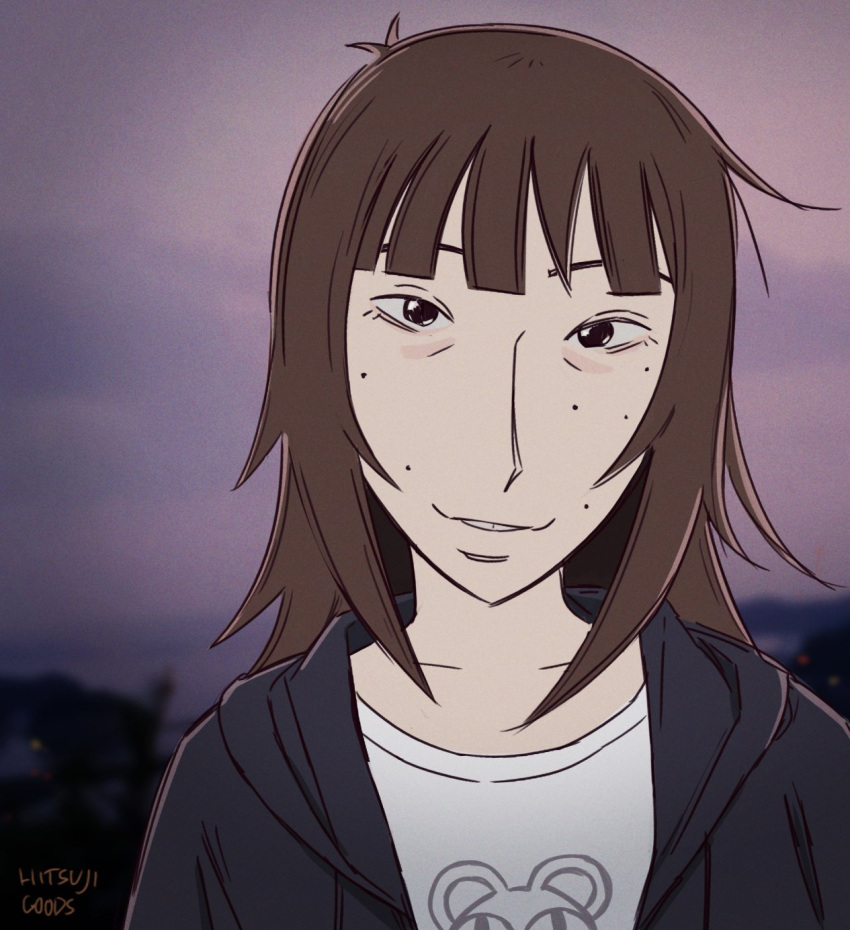 brown_hair, buck_teeth, freckles, hitsujigoods, kara_eklund, long_hair, looking_at_viewer, messy_hair