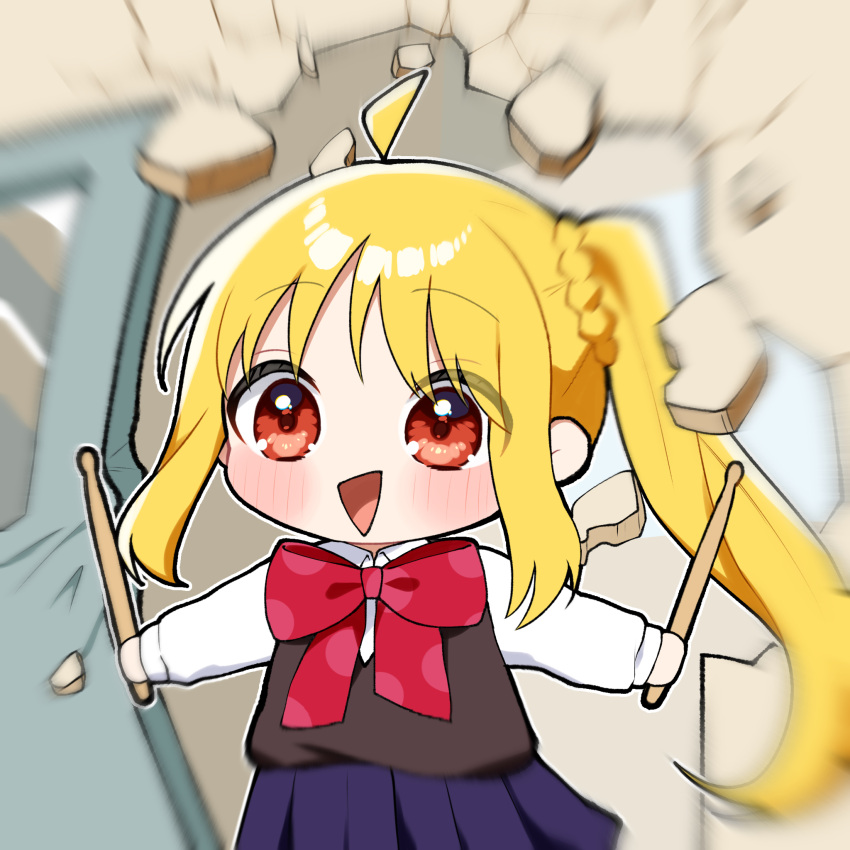 1girl, ahoge, black_sweater_vest, blonde_hair, blue_skirt, bocchi_the_rock!, bow, braid