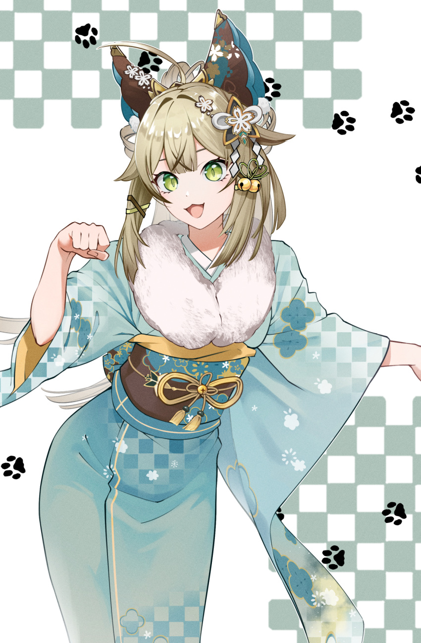 1girl, :3, :d, aqua_kimono, black_sash, checkered_clothes, cowboy_shot, feather_boa