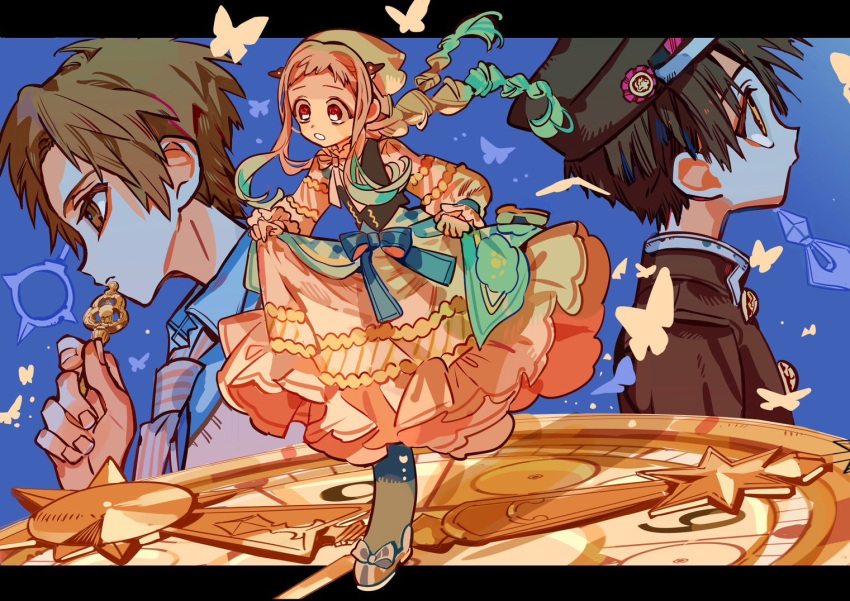 1girl, 2boys, :o, akane_aoi, aqua_bow, aqua_wristband, astronomical_clock, black_pantyhose