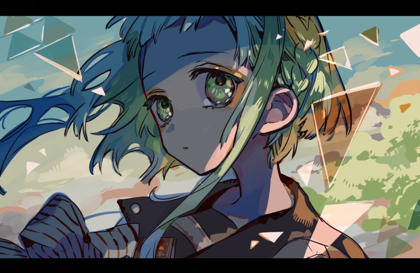 1girl, braid, broken_glass, close-up, crown_braid, expressionless, glass, grass
