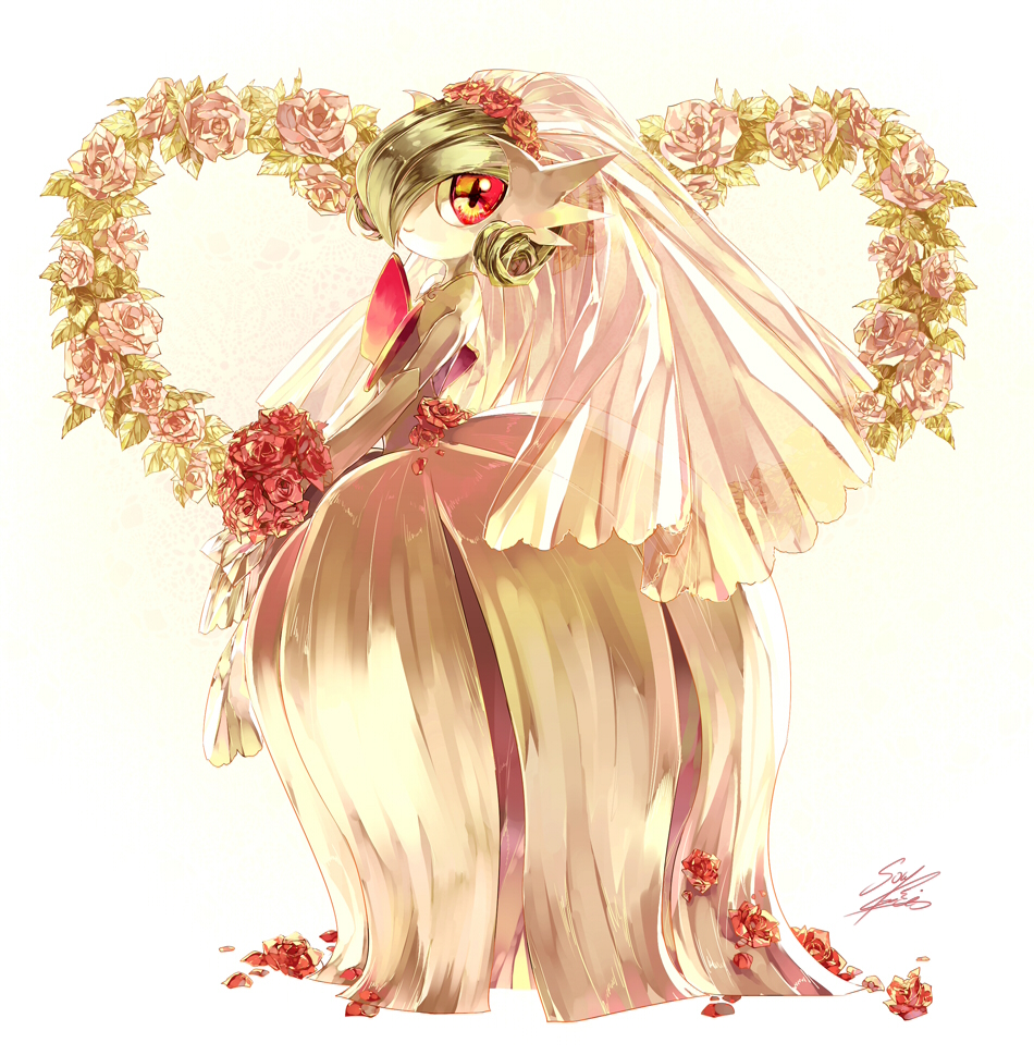 bob_cut, bouquet, bridal_veil, bride, colored_skin, dress, elbow_gloves, gardevoir