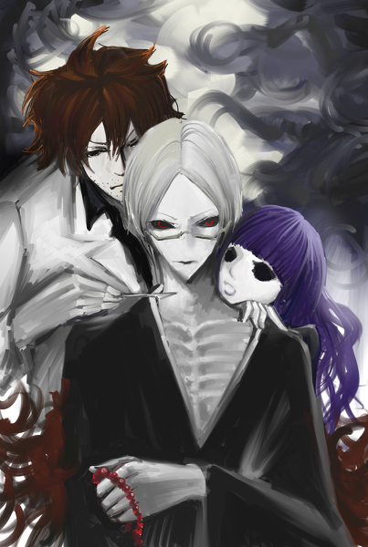 beads, bones, kirishiki_sunako, muroi_seishin, ozaki_toshio, purple_hair, red_eyes, red_hair