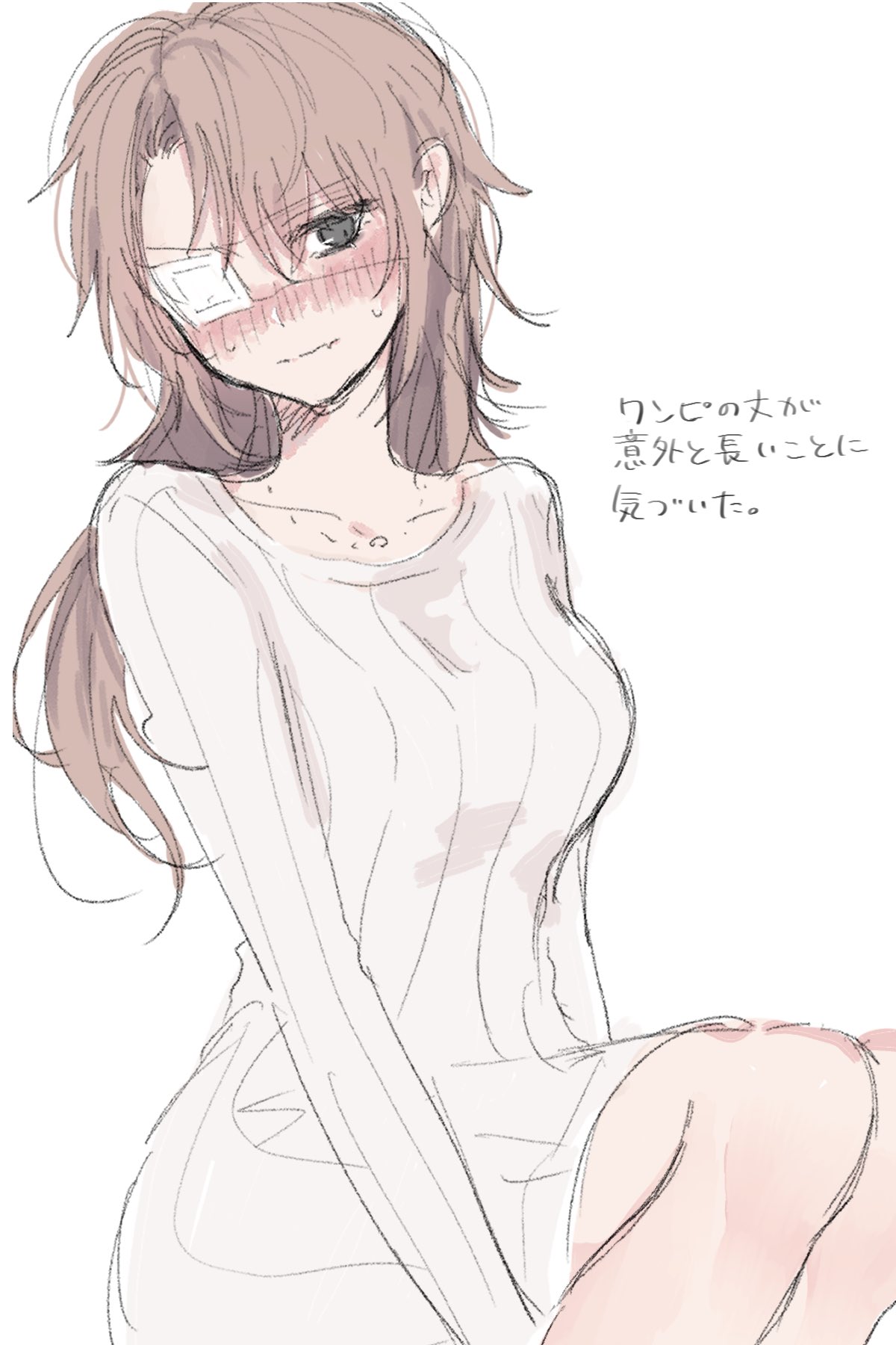 1girl, arms_at_sides, bead_necklace, beads, blush, breasts, brown_hair, dress, dress_shirt, eyepatch, fang, genderswap, genderswap_(mtf), grey_eyes, head_tilt, highres, higuchi_maya, jewelry, long_sleeves, looking_down, medium_bangs, medium_breasts, medium_hair, necklace, no_salvation, official_alternate_costume, official_alternate_hairstyle, parted_bangs, shirt, sitting, skin_fang, solo, sweat, translation_request, white_background, white_dress, yryr8h
