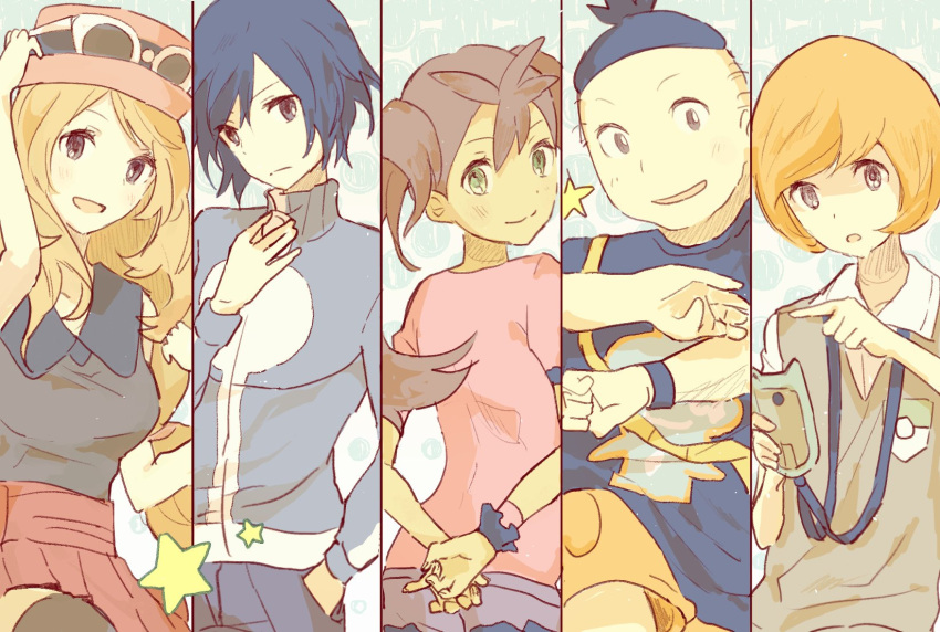 2girls, 3boys, adjusting_zipper, back, black_hair, black_shirt, black_wristband, blonde_hair, blue_jacket, bob_cut, breast_pocket, breasts, brown_hair, calem_(pokemon), cellphone, character_print, collared_shirt, column_lineup, dark-skinned_female, dark_skin, expressionless, eyelashes, eyewear_on_headwear, ge_hair, green_eyes, hand_on_headwear, highres, index_finger_raised, jacket, long_hair, long_sleeves, looking_at_viewer, looking_back, multiple_boys, multiple_girls, open_mouth, orange_hair, phone, pink_shirt, pleated_skirt, pocket, pokemon, pokemon_xy, red_skirt, scrunchie, serena_(pokemon), shauna_(pokemon), shirt, short_hair, skirt, sleeveless, sleeveless_shirt, smartphone, smile, star_(symbol), sunglasses, tierno_(pokemon), topknot, totpk_(totxyza), trevor_(pokemon), turtleneck, turtleneck_jacket, twintails, undercut, vest, white-framed_eyewear, white_shirt, wrist_scrunchie