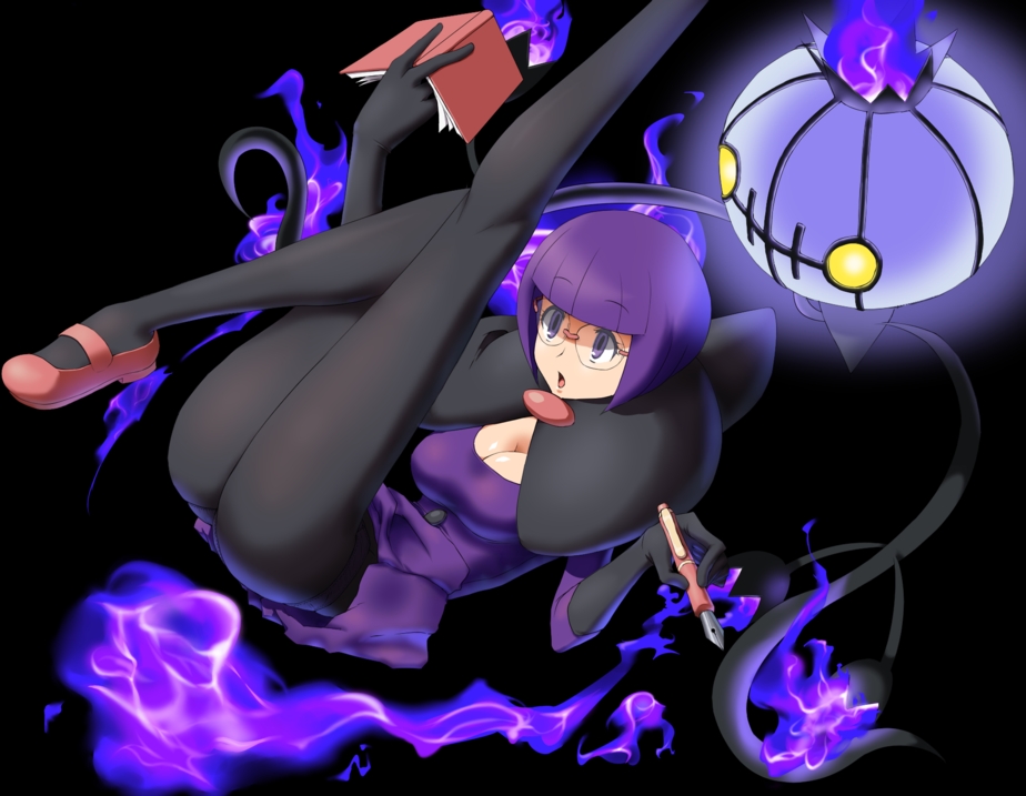 black_legwear, bob_cut, book, breasts, chandelure, cleavage, fire, flame, fountain_pen, glasses, gloves, long_legs, majin_(artist), open_mouth, panties, panties_under_pantyhose, pantyhose, pen, pokemon, pokemon_(game), pokemon_black_and_white, pokemon_bw, purple_fire, purple_hair, shikimi_(pokemon), short_hair, simple_background, skirt_around_belly, skirt_lift, thighs, tights, upskirt, violet_eyes