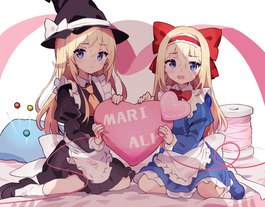 2girls, :|, adapted_costume, alice_margatroid, alternate_hair_length, alternate_hairstyle, ankle_socks, apron