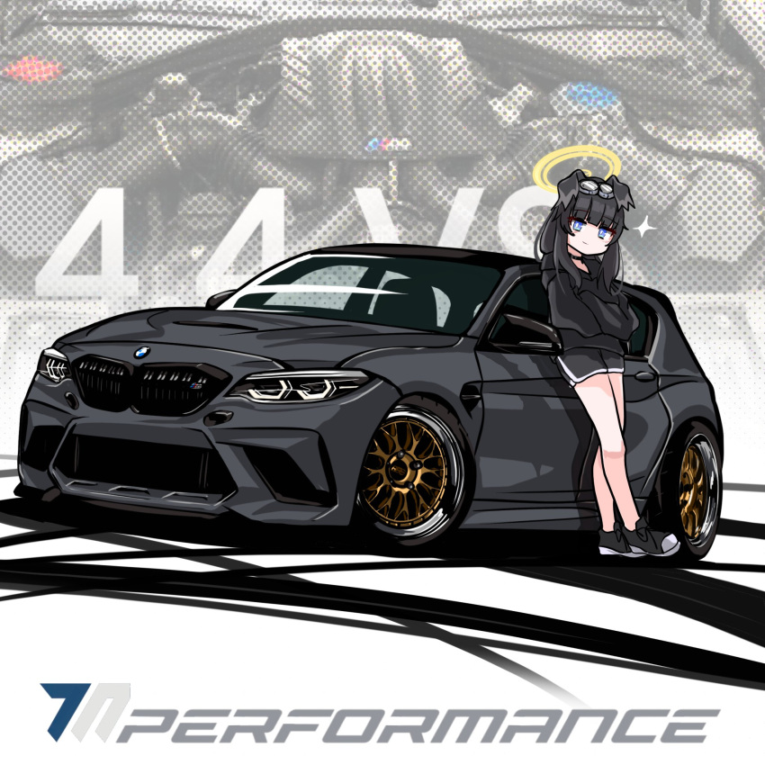 1girl, animal_ears, black_car, black_footwear, black_hair, black_hoodie, black_shorts, blue_archive, blue_eyes, bmw, bmw_1_series, car, commentary, crossed_arms, dog_ears, dog_girl, dolphin_shorts, engine, english_commentary, goggles, goggles_on_head, hibiki_(blue_archive), highres, hood, hoodie, leaning_on_object, long_hair, looking_at_viewer, millennium_science_school_logo, motor_vehicle, nougat_(73r1r1), photo_background, round_eyewear, shoes, short_shorts, shorts, skid_mark, smile, sneakers, solo, sparkle, vehicle_focus, white_background
