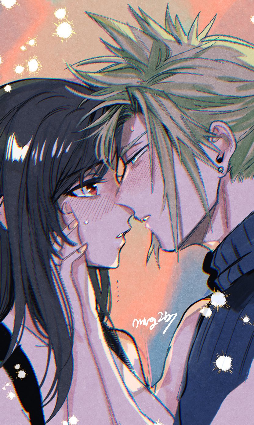 1boy, 1girl, bare_shoulders, black_hair, blonde_hair, blue_eyes, blue_sweater, blush, close-up, cloud_strife, commentary_request, couple, earrings, eye_contact, final_fantasy, final_fantasy_vii, final_fantasy_vii_rebirth, final_fantasy_vii_remake, from_side, hand_on_another's_cheek, hand_on_another's_face, hetero, highres, imminent_kiss, jewelry, light_particles, long_hair, looking_at_another, mrg2by, parted_lips, pink_nails, profile, red_eyes, ribbed_sweater, short_hair, signature, sleeveless, sleeveless_turtleneck, spiky_hair, stud_earrings, sweatdrop, sweater, tank_top, tifa_lockhart, turtleneck, turtleneck_sweater, upper_body, white_tank_top