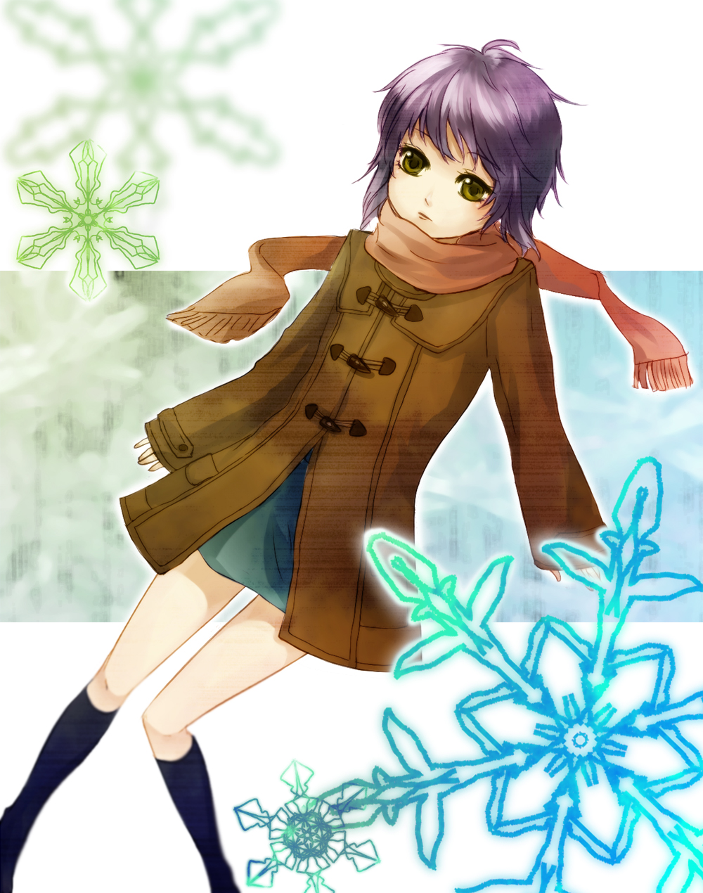 coat, even_(artist), highres, nagato_yuki, pun, purple_hair, scarf, short_hair