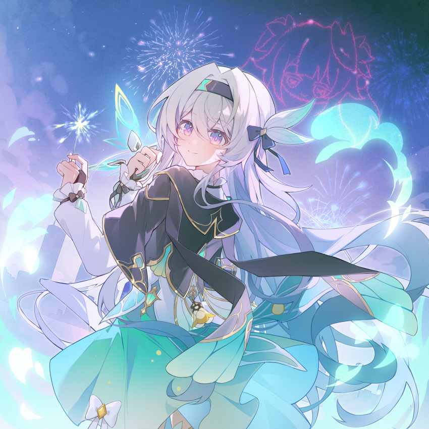 1girl, absurdres, black_hairband, black_jacket, blue_eyes, closed_mouth, commentary_request, firefly_(honkai:_star_rail)